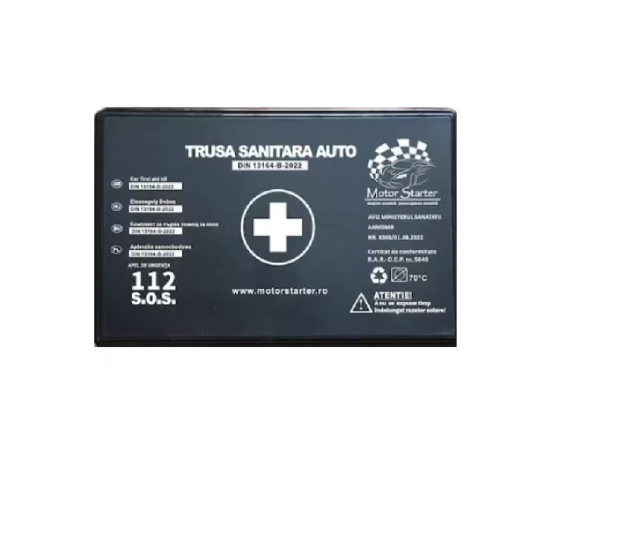 Kit siguranta auto CMPX omologat R.A.R cu valabilitate 5 ani - 1x Trusa prim ajutor, 2x Triunghi reflectorizant, 1x Stingator cu pulbere P1 1kg, 1x Vesta reflectorizanta, 1x Geanta depozitare cu snur