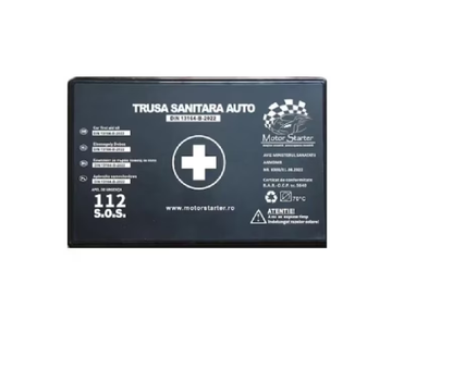 Kit siguranta auto CMPX omologat R.A.R cu valabilitate 5 ani - 1x Trusa prim ajutor, 2x Triunghi reflectorizant, 1x Stingator cu pulbere P1 1kg, 1x Vesta reflectorizanta, 1x Geanta depozitare cu snur