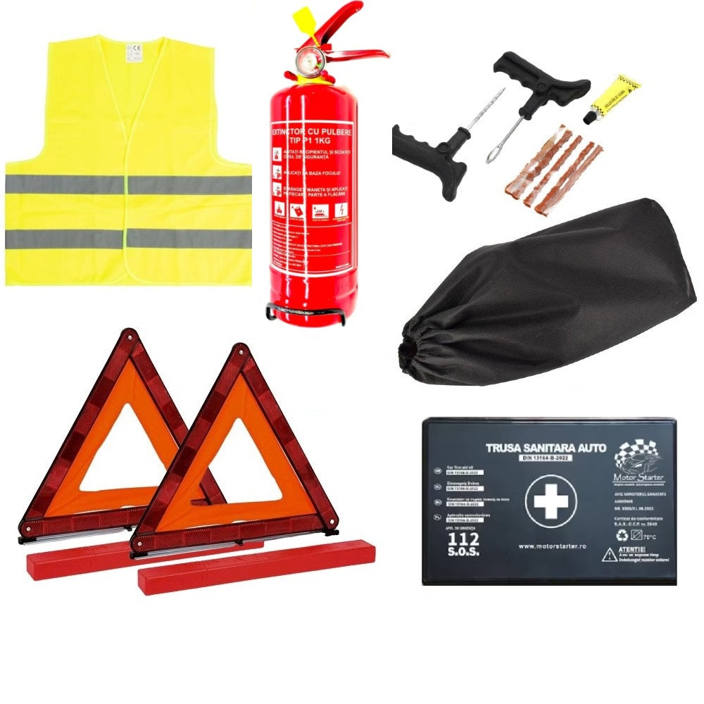 Kit siguranta auto CMPX omologat R.A.R cu valabilitate 5 ani - 1x Trusa prim ajutor, 2x Triunghi reflectorizant, 1x Stingator cu pulbere P1 1kg, 1x Vesta reflectorizanta, 1x Geanta depozitare cu snur