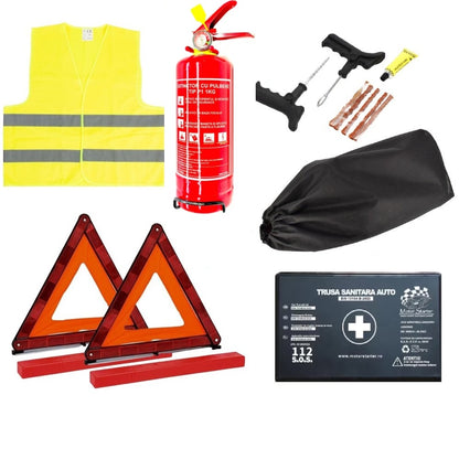 Kit siguranta auto CMPX omologat R.A.R cu valabilitate 5 ani - 1x Trusa prim ajutor, 2x Triunghi reflectorizant, 1x Stingator cu pulbere P1 1kg, 1x Vesta reflectorizanta, 1x Geanta depozitare cu snur