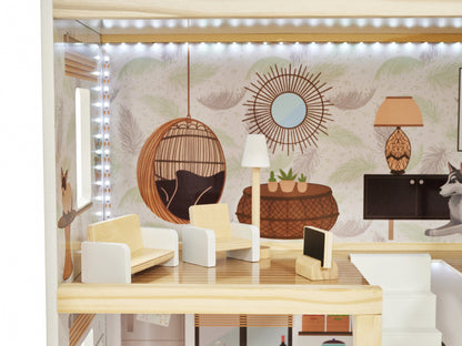 Casuta de papusi din lemn cu LED-uri Lulilo in stil Floro Boho