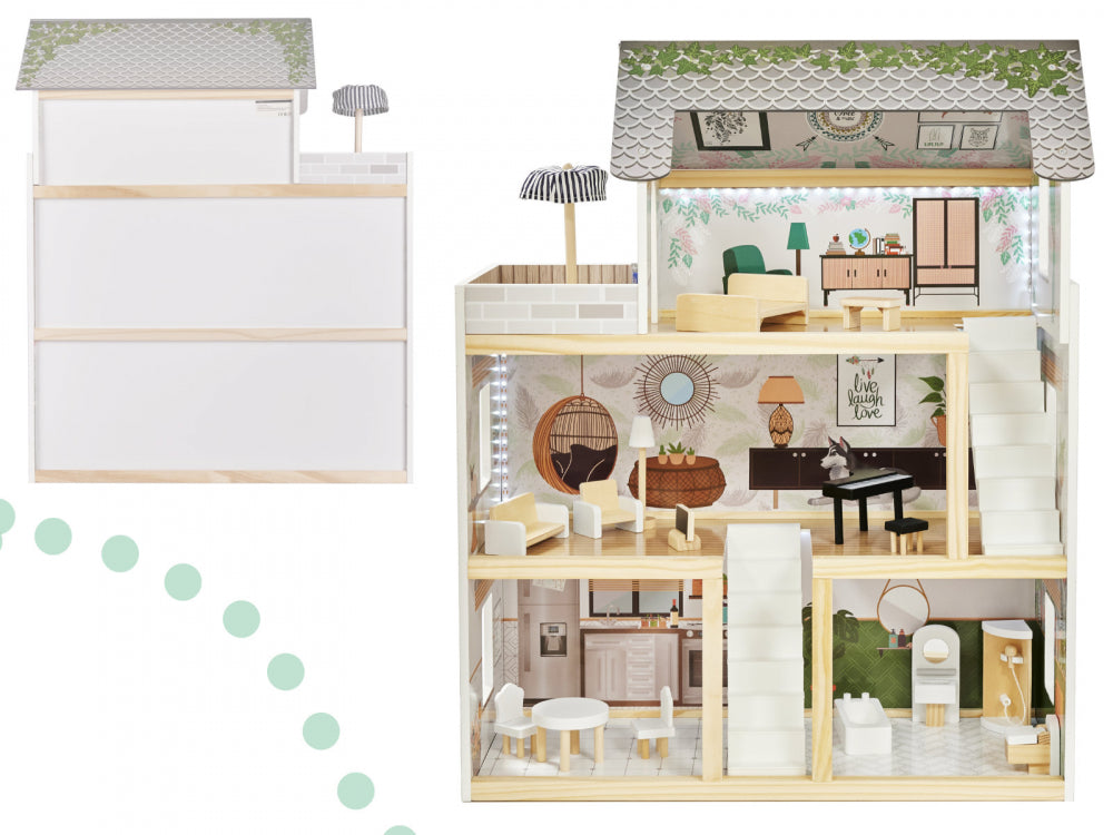 Casuta de papusi din lemn cu LED-uri Lulilo in stil Floro Boho