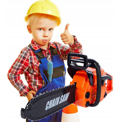Set de Unelte de Jucarie, Power Tools, cu Drujba si Echipament de Protectie, Lant care se Roteste, Sunete Realiste, Portocaliu
