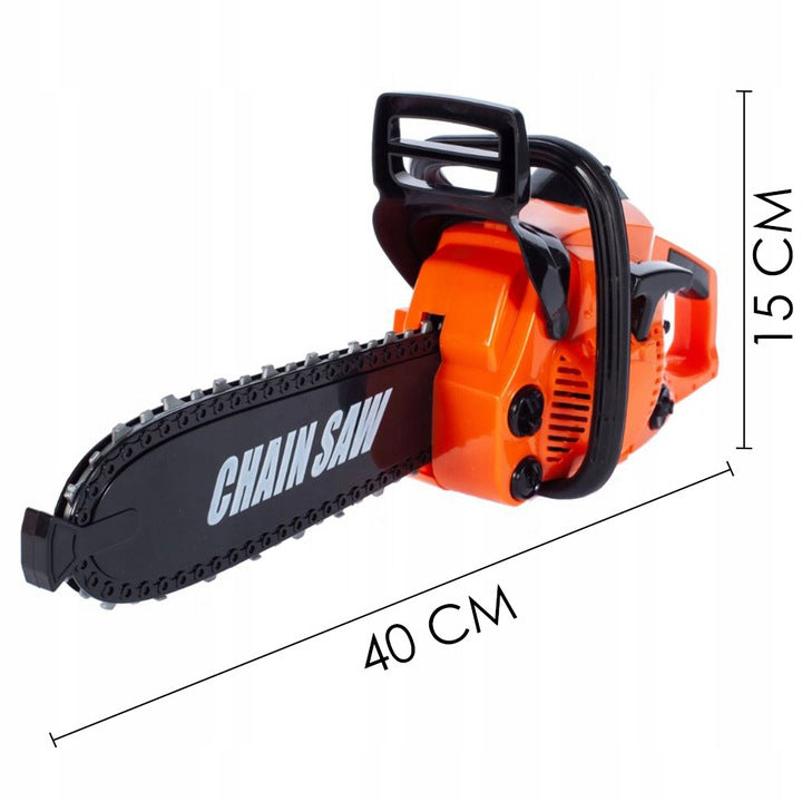 Set de Unelte de Jucarie, Power Tools, cu Drujba si Echipament de Protectie, Lant care se Roteste, Sunete Realiste, Portocaliu