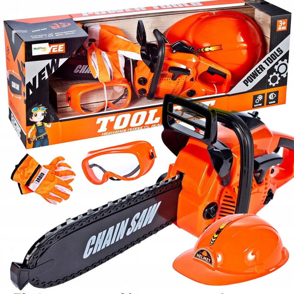 Set de Unelte de Jucarie, Power Tools, cu Drujba si Echipament de Protectie, Lant care se Roteste, Sunete Realiste, Portocaliu