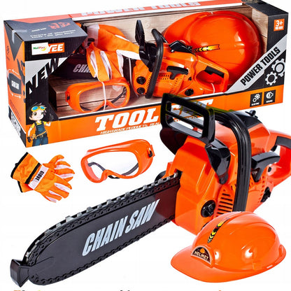 Set de Unelte de Jucarie, Power Tools, cu Drujba si Echipament de Protectie, Lant care se Roteste, Sunete Realiste, Portocaliu
