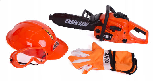 Set de Unelte de Jucarie, Power Tools, cu Drujba si Echipament de Protectie, Lant care se Roteste, Sunete Realiste, Portocaliu