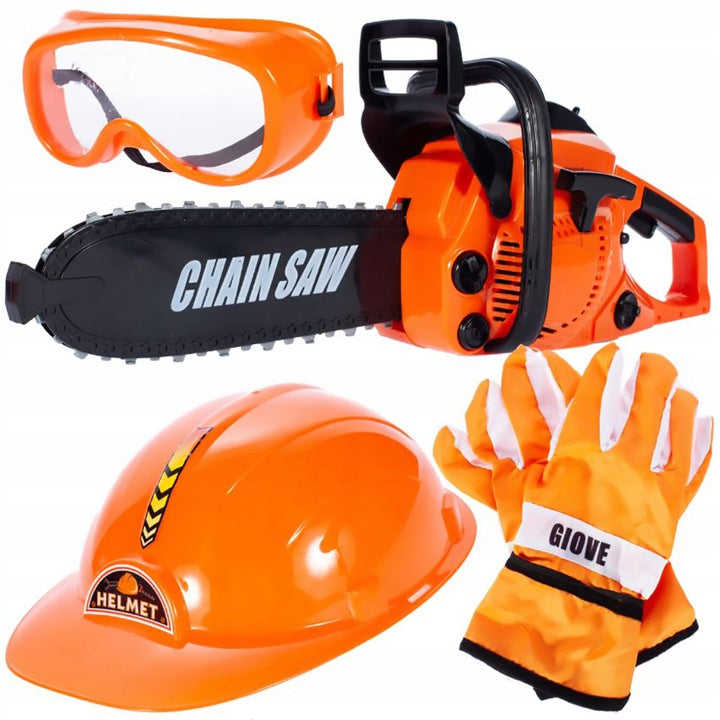 Set de Unelte de Jucarie, Power Tools, cu Drujba si Echipament de Protectie, Lant care se Roteste, Sunete Realiste, Portocaliu
