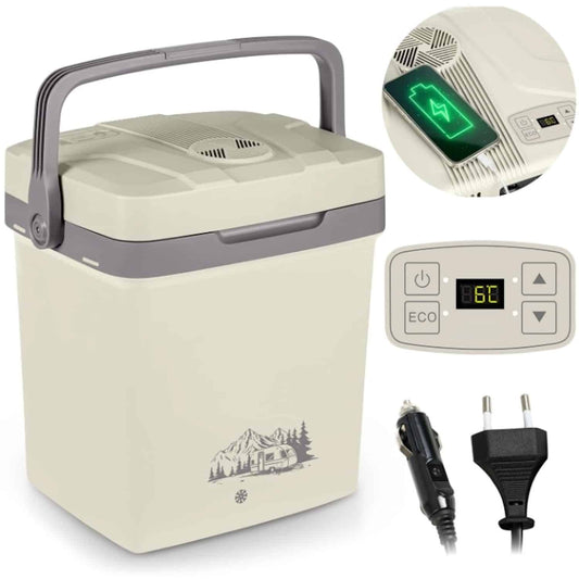 Lada Frigorifica Auto idealSTORE, alimentare 12V/230V, Functie de Racire si Incalzire, Volum 26 l, Alimentare la Priza Auto si Priza Casnica, Putere 60W, Mod ECO, Port USB cu functie de Incarcare Telefon, Maner Pliabil, Afisaj Electric