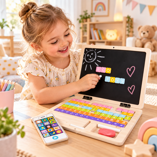 Laptop si Telefon Mobil din Lemn, Educational si Interactiv, cu 78 de Elemente Magnetice, Doua Moduri de Joaca, Tabla Magnetica, Burete, Creta, Numere, Litere si Simboluri Matematice