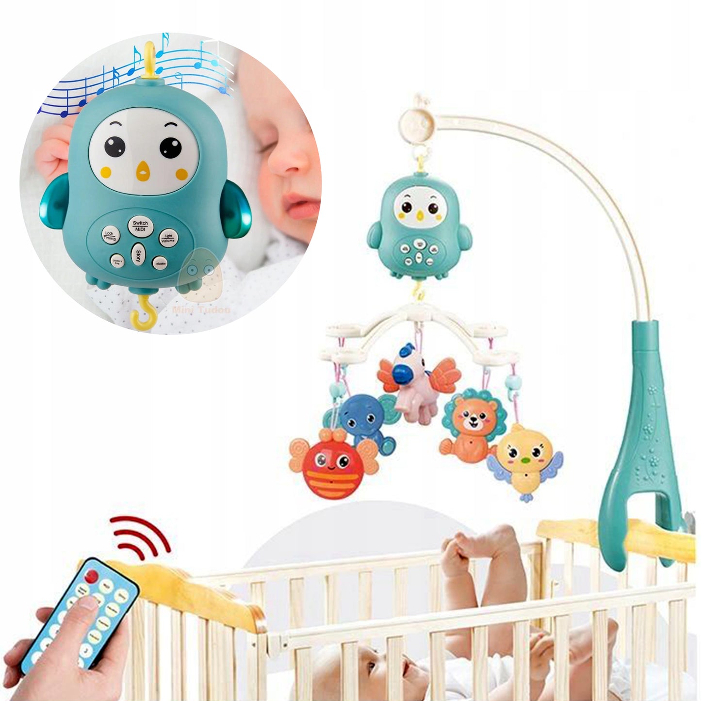 Carusel pentru patut cu lumina de veghe MagStar, First VIEW, 4 brate viu colorate cu diferite animalute zornaitoare, rotire 360grade, telecomanda