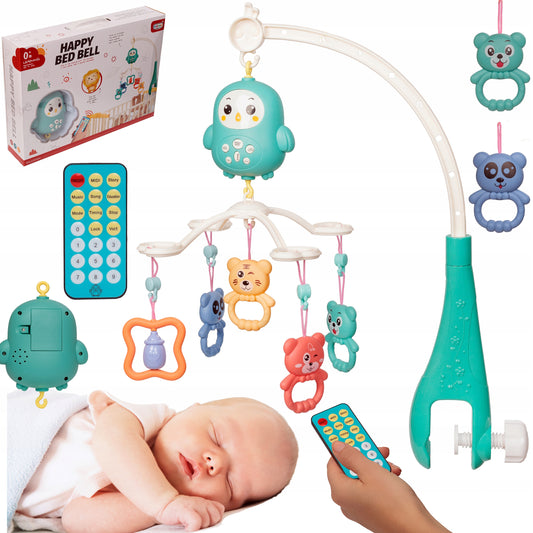 Carusel pentru patut cu lumina de veghe MagStar, First VIEW, 4 brate viu colorate cu diferite animalute zornaitoare, rotire 360grade, telecomanda