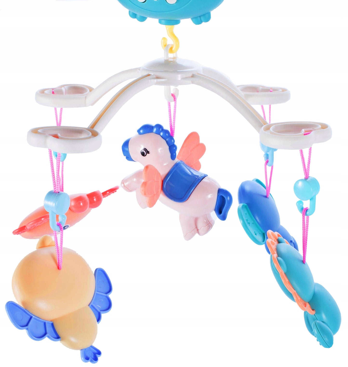 Carusel pentru patut cu lumina de veghe MagStar, First VIEW, 4 brate viu colorate cu diferite animalute zornaitoare, rotire 360grade, telecomanda