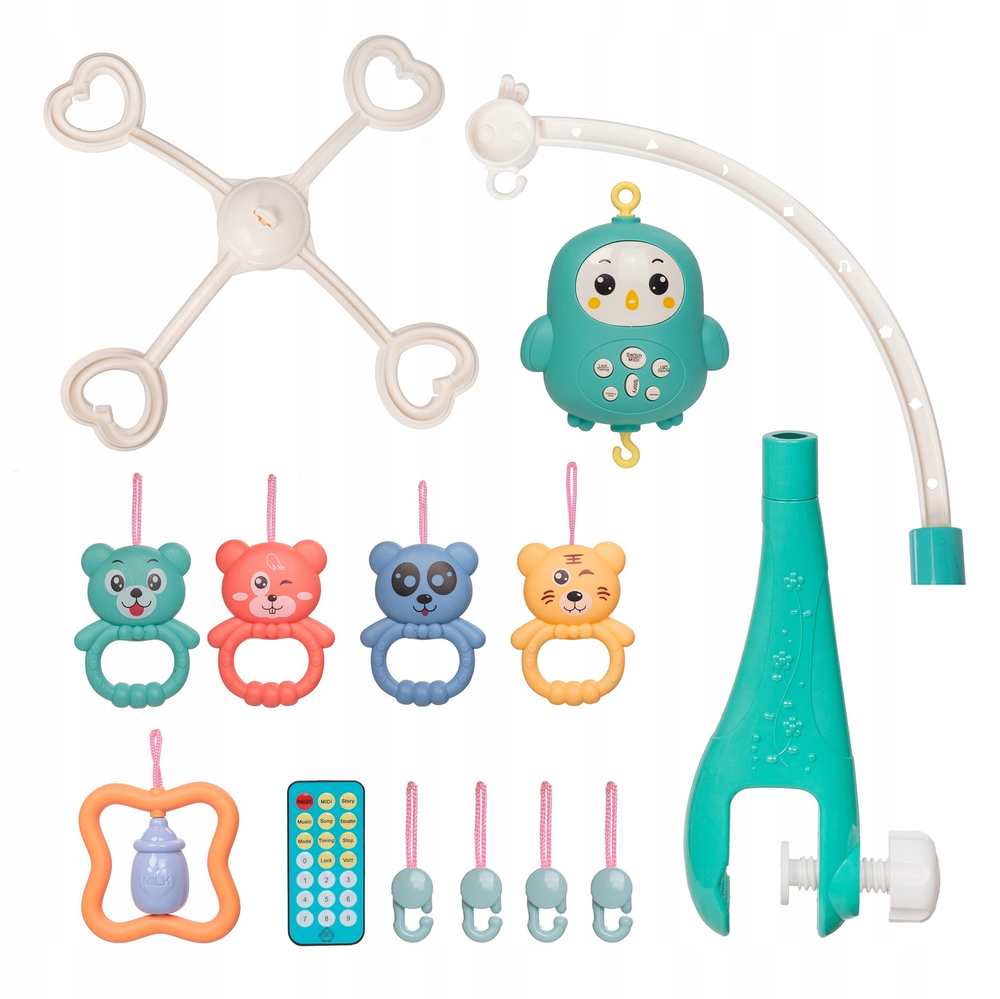 Carusel pentru patut cu lumina de veghe MagStar, First VIEW, 4 brate viu colorate cu diferite animalute zornaitoare, rotire 360grade, telecomanda