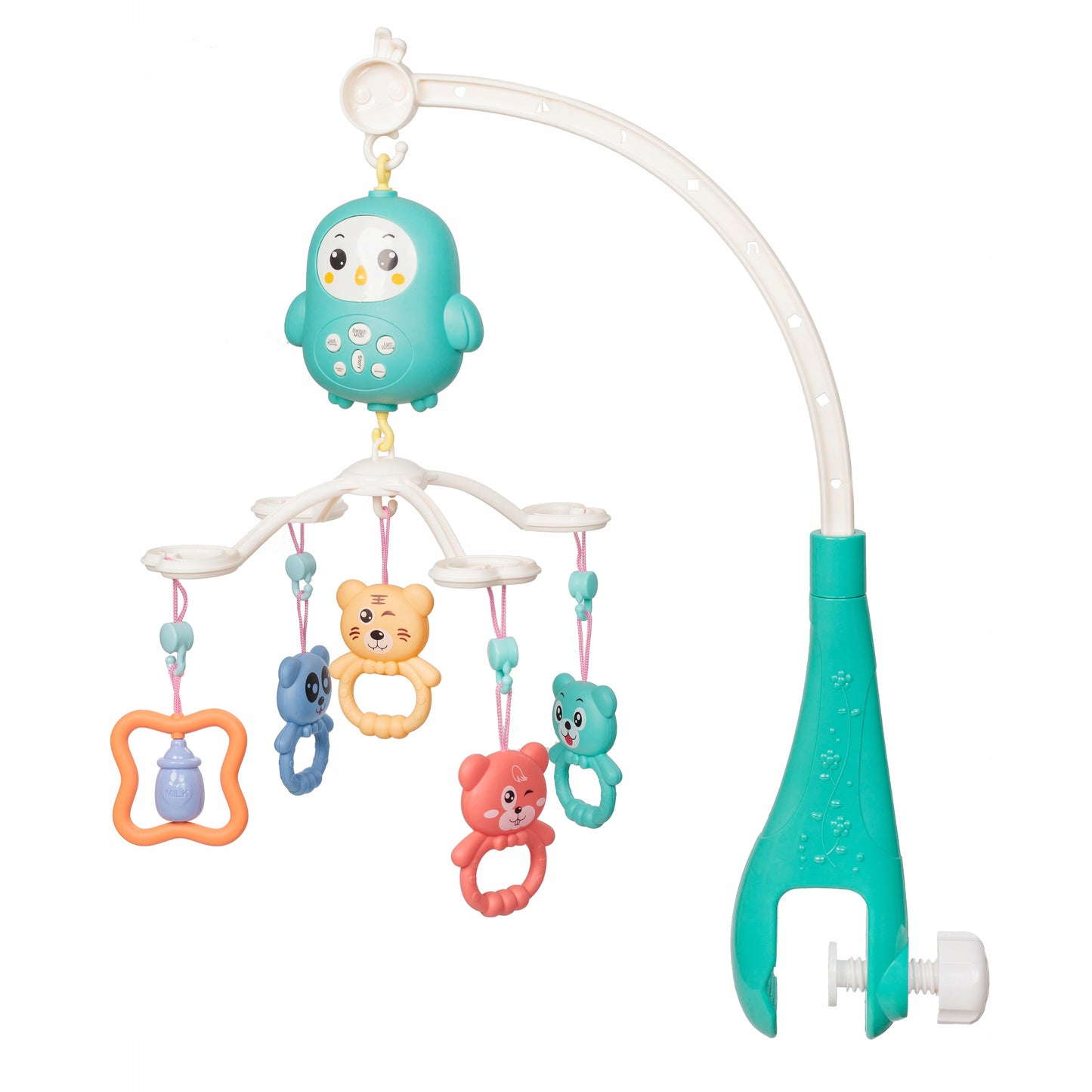 Carusel pentru patut cu lumina de veghe MagStar, First VIEW, 4 brate viu colorate cu diferite animalute zornaitoare, rotire 360grade, telecomanda