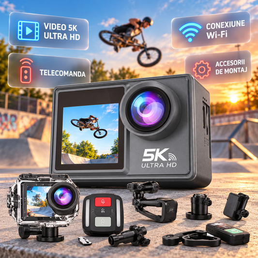 Camera de Actiune idealSTORE  5K Ultra HD, Foto 24 MP, 256 GB, Stabilizare imagine EIS, Microfon, WiFi, Port HDMI