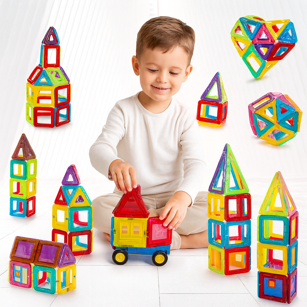 Set Inteligent de constructie IdealStore 3D Magnetic Fun, 45 de Piese Multicolore, Educativ- Creativ, Stimularea gandirea