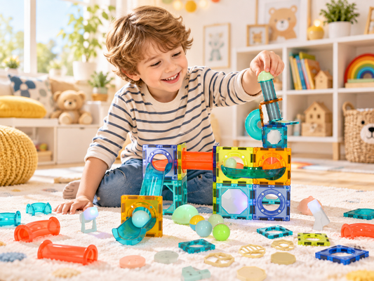 Set de constructie IdealStore, Blocuri magnetice luminoase, Pista cu bile stralucitoare, Dimensiune pachet 27 X 13 X 7.5 cm, Contine 49elemente, 4bile,20autocolante,16blocuri patrate, Dezvolta perfect motricitatea si precizia degetelor, Multicolor