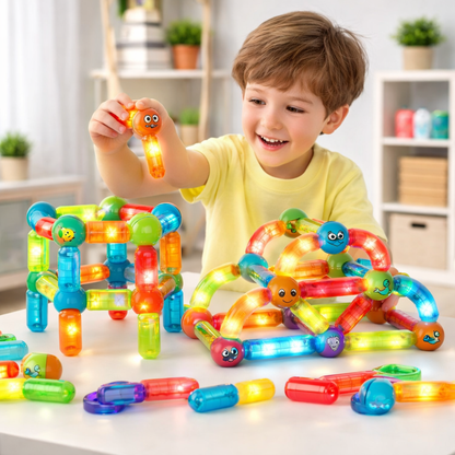 Blocuri Magnetice idealStore StiksMag, 102 Elemente cu Lumini, Se pot crea Multiple Figuri si Cladiri, Piese de dimensiuni Mari, Dezvolta Abilitatile Manuale, Abilitati Motorii Fine, Imaginatia Spatiala