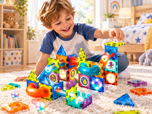Set Inteligent de Constructie Magnetic cu Lumina idealStore Strong Magnets, Include 75 elemente Multicolore, Efect de Stralucire in Intuneric, Magneti Puternici din Neodim, Dezvolta Abilitati Manuale, Imaginatia Spatiala