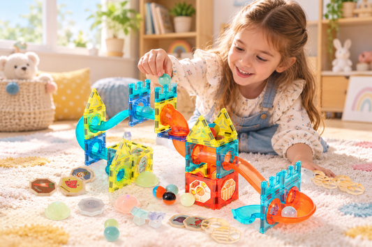 Set constructie Perfect Skills Kids IdealStore, Blocuri magnetice luminoase, Dimensiune pachet 31 X 25 X 8cm, Contine 72 elemente, 20autocolante, 62blocuri patrate, Dezvolta precizia degetelor, Multicolor