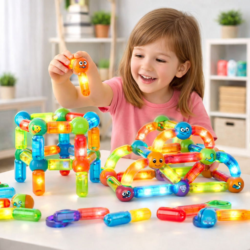 Blocuri Magnetice idealStore StiksMag, 102 Elemente cu Lumini, Se pot crea Multiple Figuri si Cladiri, Piese de dimensiuni Mari, Dezvolta Abilitatile Manuale, Abilitati Motorii Fine, Imaginatia Spatiala