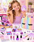 Trusa de Make-up si Accesorii Styling idealSTORE Unicorn, Cosmetice Reale, Non-Toxice, Accesorii Reale, Dezvolta Abilitatile Manuale, Peste 20 de Articole, Tema Unicorn, cu Geanta de Depozitare