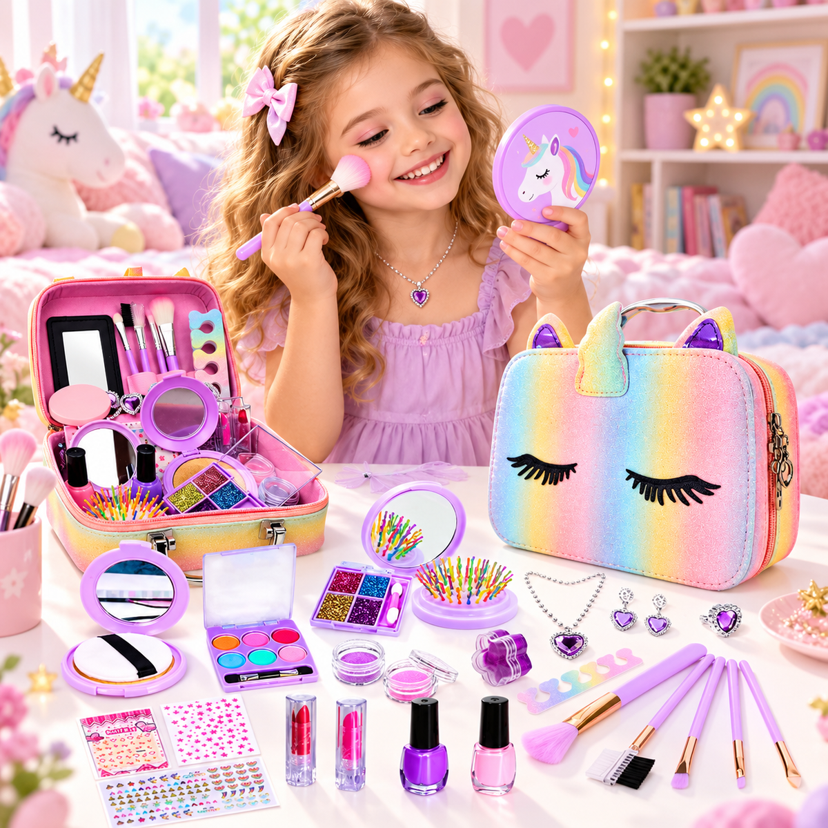 Trusa de Make-up si Accesorii Styling idealSTORE Unicorn, Cosmetice Reale, Non-Toxice, Accesorii Reale, Dezvolta Abilitatile Manuale, Peste 20 de Articole, Tema Unicorn, cu Geanta de Depozitare