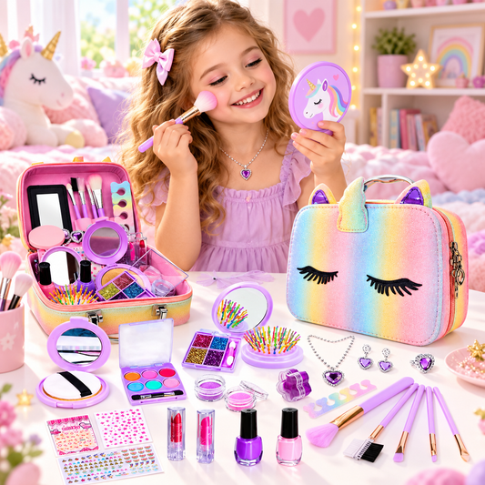Trusa de Make-up si Accesorii Styling idealSTORE Unicorn, Cosmetice Reale, Non-Toxice, Accesorii Reale, Dezvolta Abilitatile Manuale, Peste 20 de Articole, Tema Unicorn, cu Geanta de Depozitare