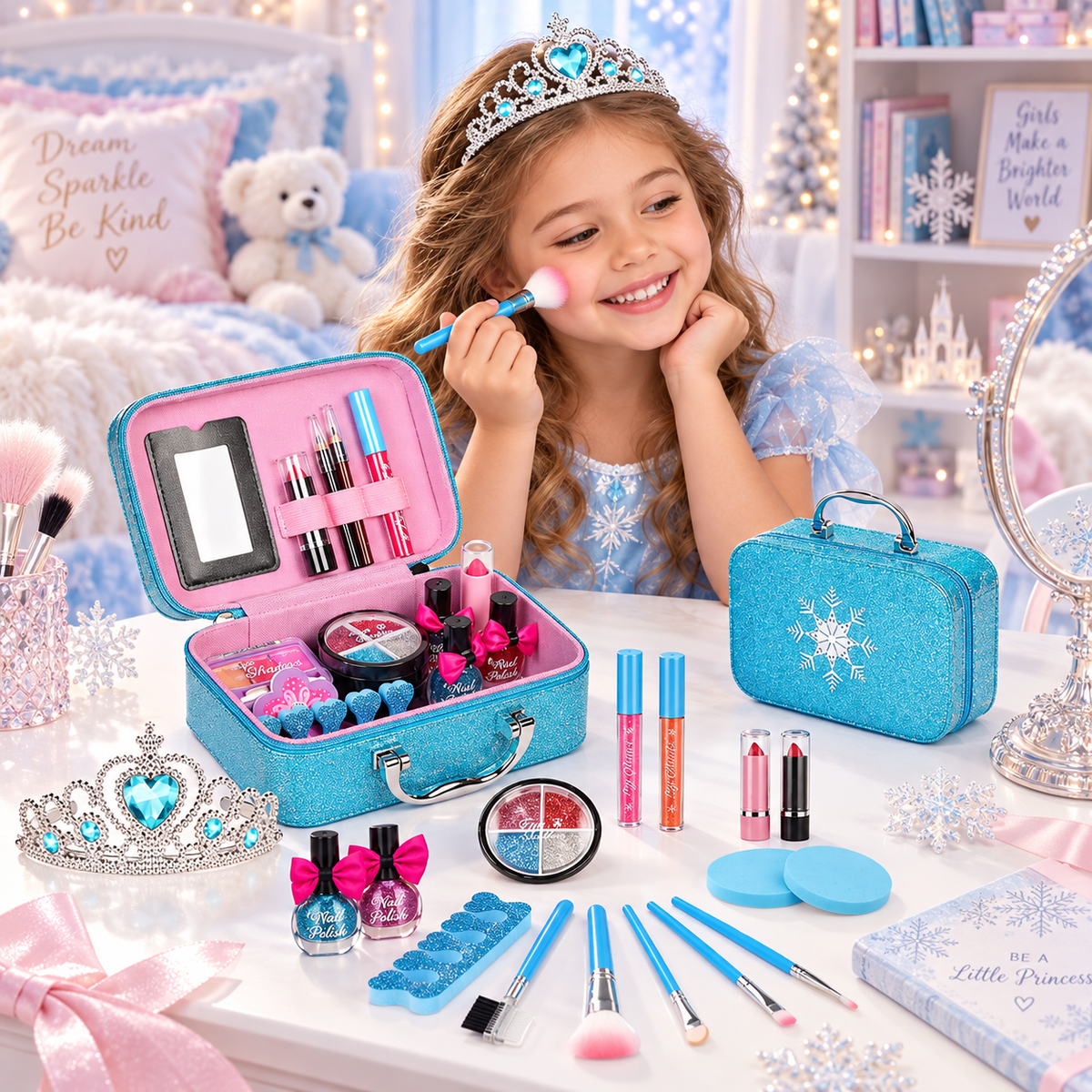 Trusa de Machiaj pentru Copii Princess Make-up idealSTORE, Include o Colectie interesanta de accesorii pentru infrumusetare, Geanta cu Maner pentru Transport, Distractia dezvolta Creativitatea si Imaginatia