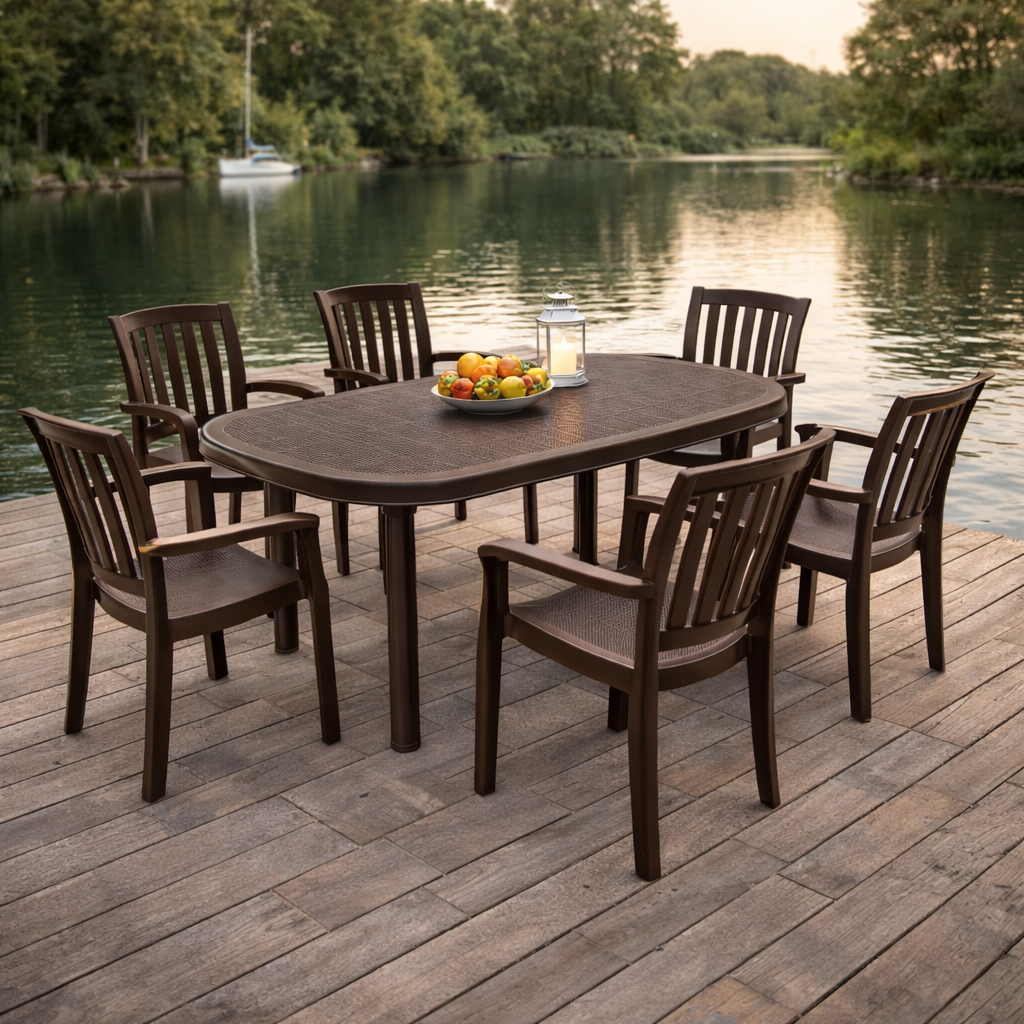 Set gradina idealSTORE cu 6 scaune XL si masa 135x82x75 cm, polipropilena rezistenta UV