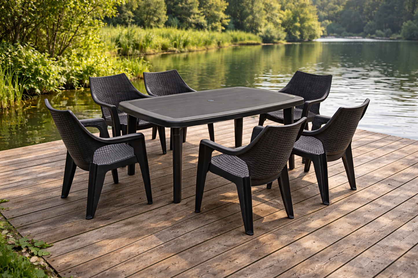 Set gradina cu masa si 6 scaune din plastic rezistent UV si intemperii, dimensiuni 135x85x72 cm, confort pentru familie