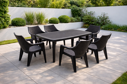 Set gradina cu masa si 6 scaune din plastic rezistent UV si intemperii, dimensiuni 135x85x72 cm, confort pentru familie