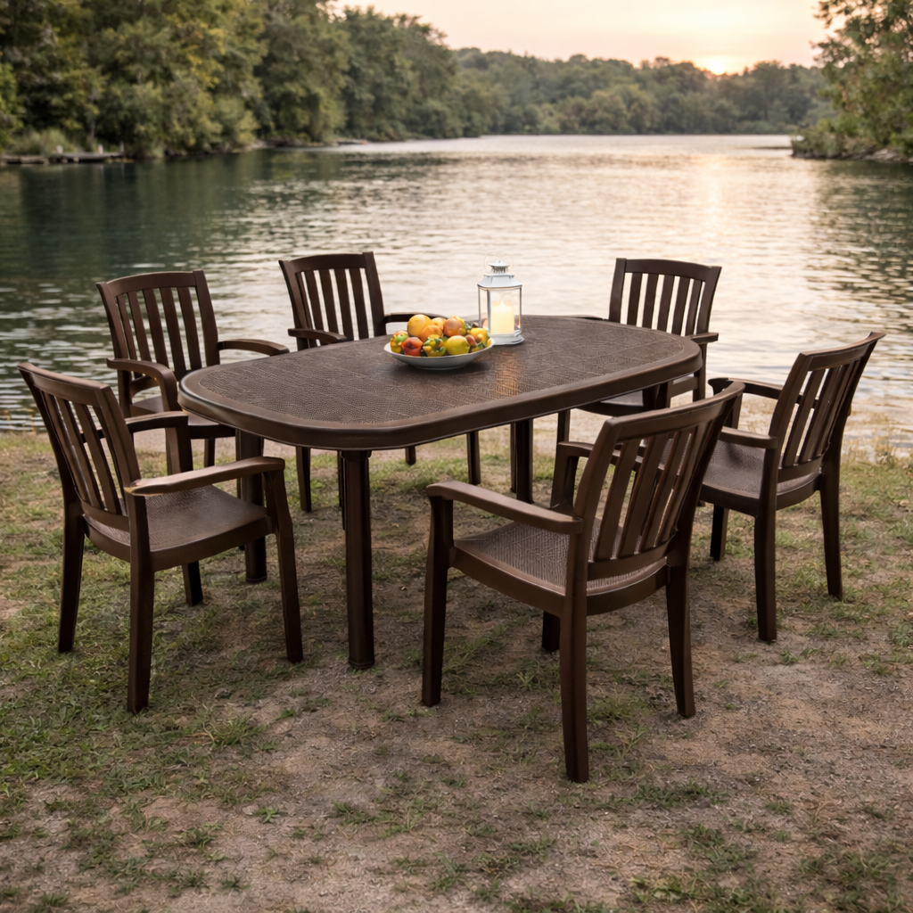 Set gradina idealSTORE cu 6 scaune XL si masa 135x82x75 cm, polipropilena rezistenta UV