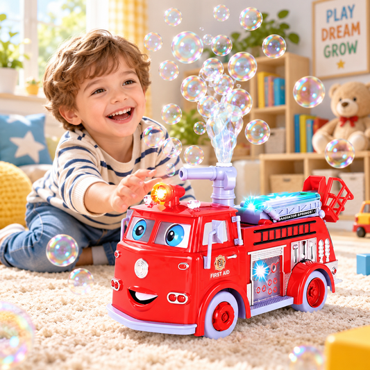 Masina de pompieri interactiva idealSTORE Bubble Fun, Echipata cu un tun mobil ce elibereaza bule, Functii sonore si luminoase si functia de evitare a obstacolelor