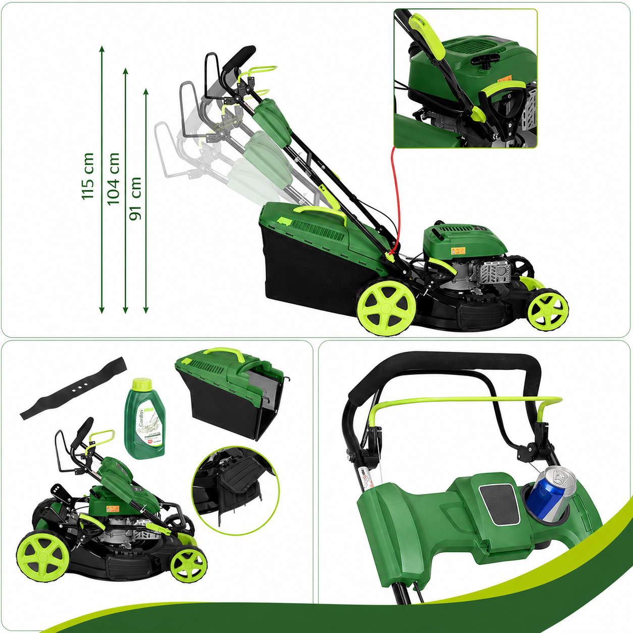 Masina de tuns gazonul pe benzina DriveXPro idealSTORE, Pornire manuala, Are 8 trepte de reglare, Autotractare 5.5 CP, Cos colector pentru iarba 60L, Latime taiere 508mm, Pornire usoara si utilizare simpla