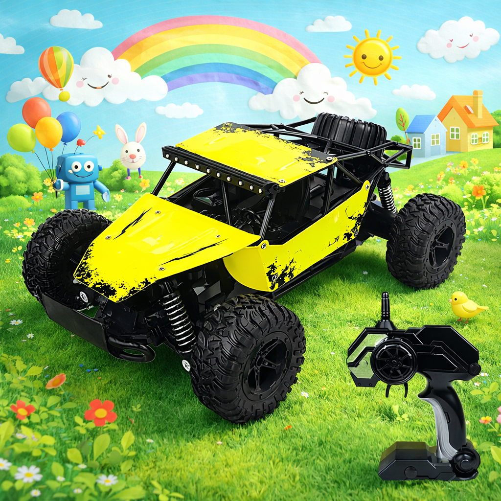 Masinuta cu telecomanda Off-Road 1:16 20 km/h idealSTORE, 2.4GHz, roti teren accidentat, galben