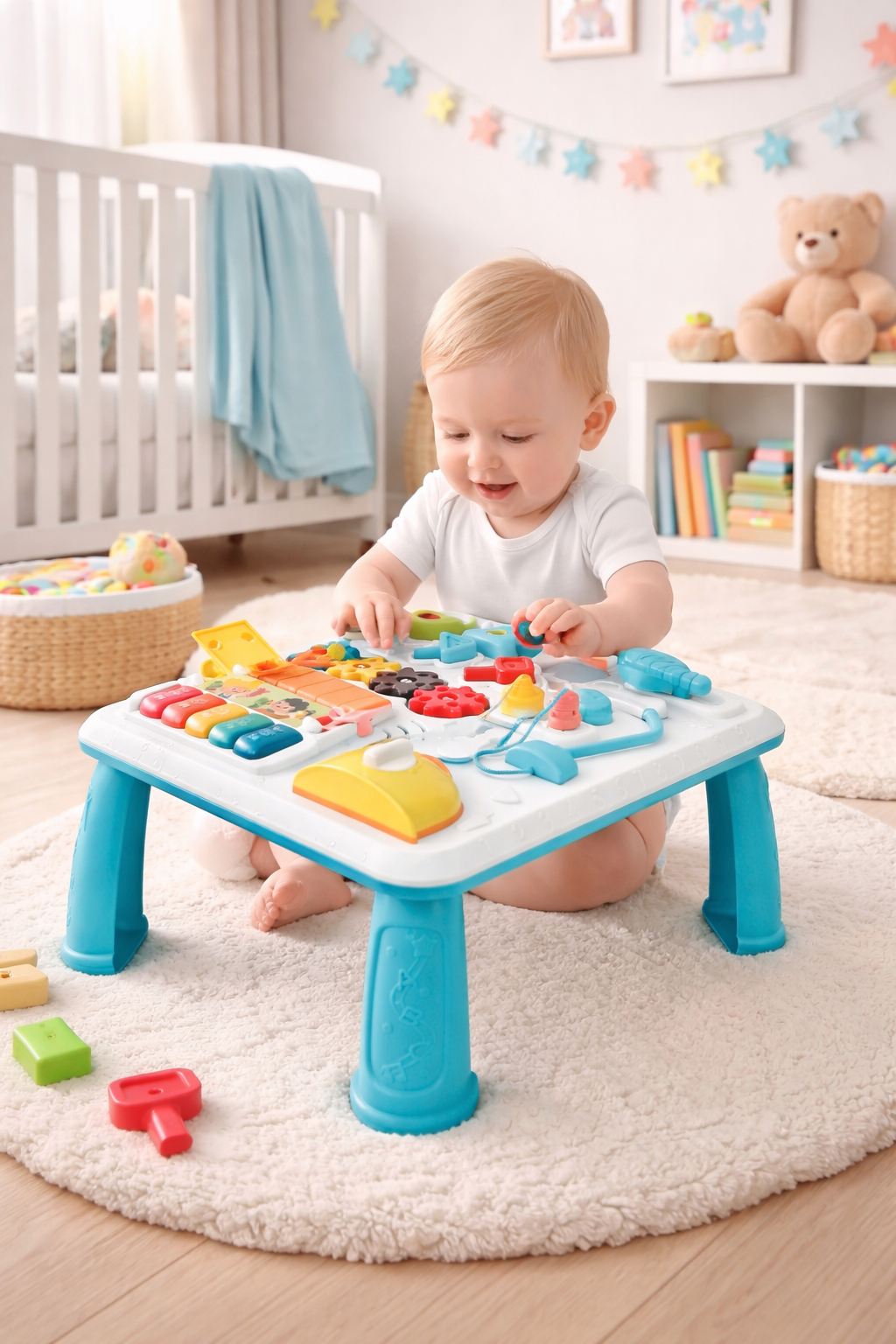 Masuta Interactiva Muzicala 5in1 idealSTORE, Include Pian Colarat cu Diverse Sunete, Panou Detasabil, Lampa Intermitenta cu Sunet, Volum Reglabil, Dezvolta Imaginatia Copilului