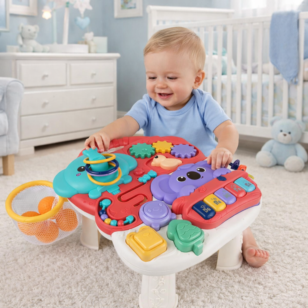 Masuta Interactiva Singing Elephants idealSTORE, cu Sunete, Diverse Melodii, Taste cu Pian, Cos de Baschet cu Mingii, Volum Reglabil, Diferite Activitati