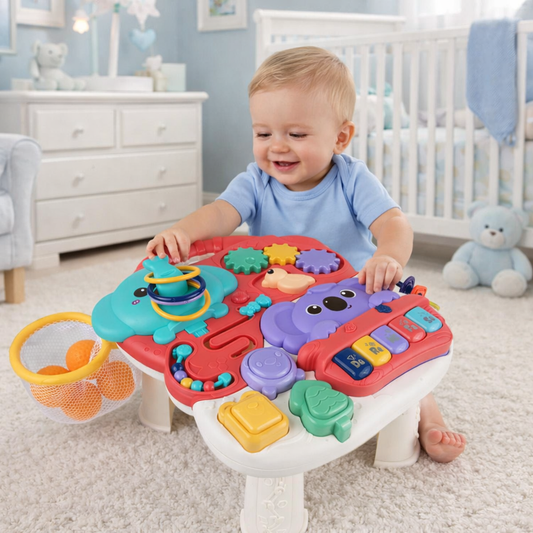 Masuta Interactiva Singing Elephants idealSTORE, cu Sunete, Diverse Melodii, Taste cu Pian, Cos de Baschet cu Mingii, Volum Reglabil, Diferite Activitati