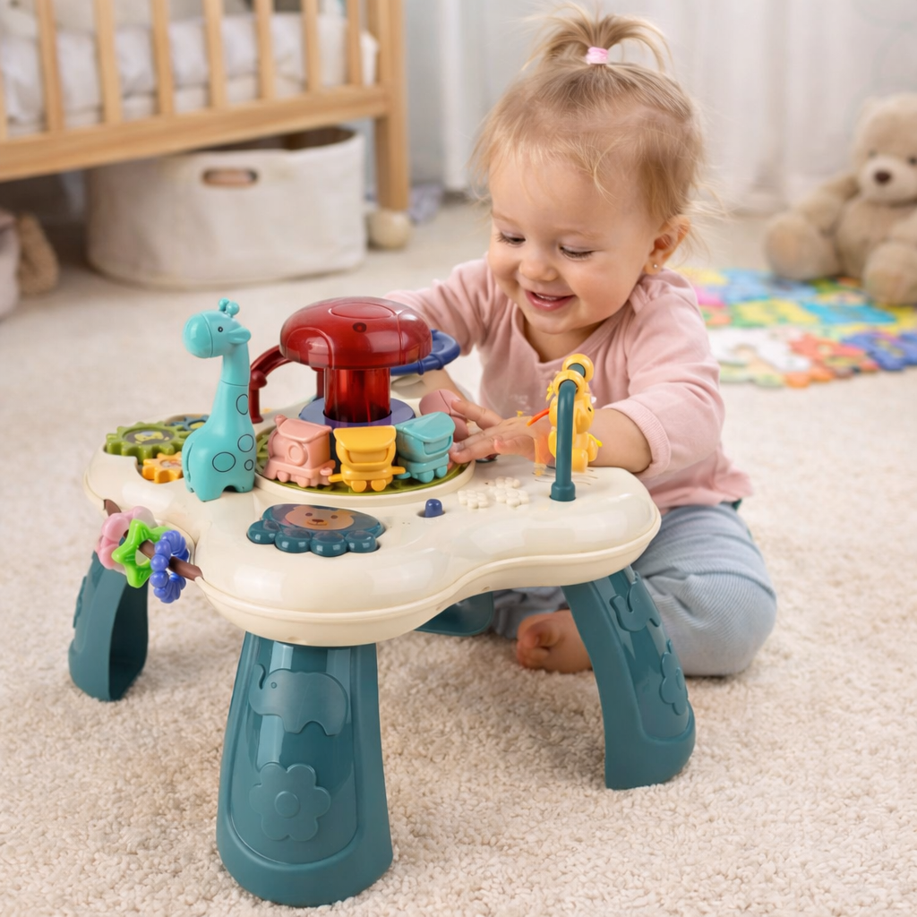 Masuta Educativa pentru Bebelusi 2in1 Happy Zoo idealSTORE, Include un Trenulet cu Vagoane, Animale Rotative, Volan, Panou Interactiv Detasabil, Accesorizat cu Efecte luminoase si Sonore, Elemente Mobile, Comutator ON/OFF