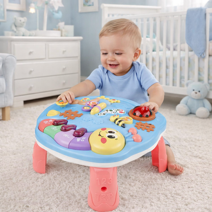 Masuta Educativa 2in1 pentru Bebelusi ZumZum idealSTORE, Accesorizat cu un panou detasabil interactiv cu lumini si sunete, Elemente mobile din panou, Control volum, Capacitatea de a opri vocea, Ajuta la dezvoltarea vazului si auzului