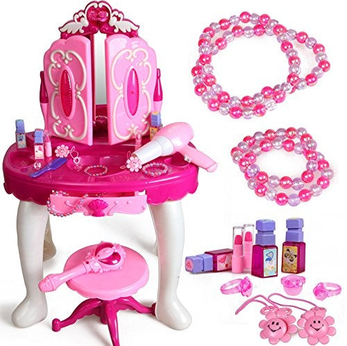 Set Masuta de frumustete cu 17 accesorii, telecomanda, scaun, oglinda, lumini, sunete, mufa MP3, Unitoys