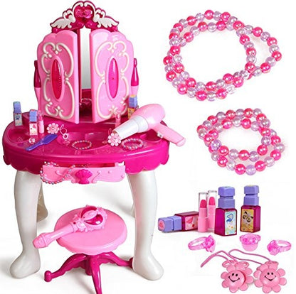 Set Masuta de frumustete cu 17 accesorii, telecomanda, scaun, oglinda, lumini, sunete, mufa MP3, Unitoys