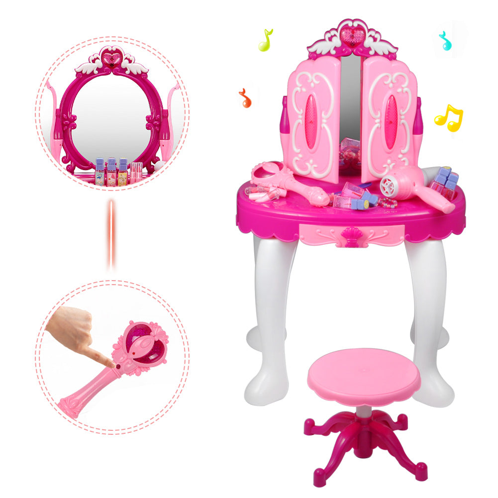 Set Masuta de frumustete cu 17 accesorii, telecomanda, scaun, oglinda, lumini, sunete, mufa MP3, Unitoys