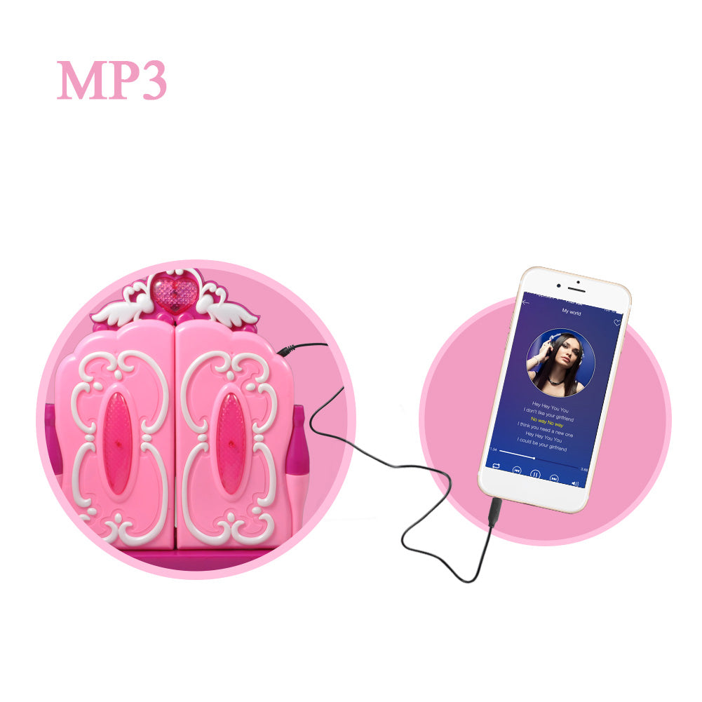 Set Masuta de frumustete cu 17 accesorii, telecomanda, scaun, oglinda, lumini, sunete, mufa MP3, Unitoys