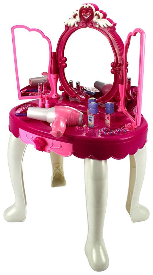 Set Masuta de frumustete cu 17 accesorii, telecomanda, scaun, oglinda, lumini, sunete, mufa MP3, Unitoys