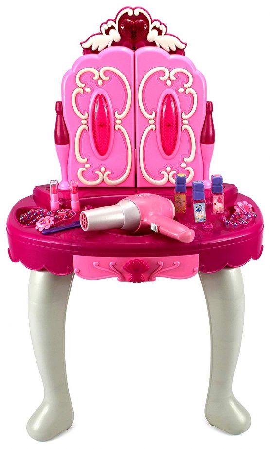 Set Masuta de frumustete cu scaun si oglinda, lumini, sunete si 16 accesorii Unitoys