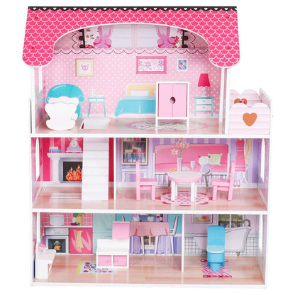 Casuta de Papusi Mercaton din Lemn MDF, cu Iluminare LED, 3 Niveluri, 5 Camere si Terasa, 9 Piese de Mobilier, 3 Ani +, 62 x 27 x 70 cm