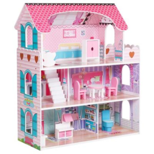 Casuta de Papusi Mercaton din Lemn MDF, cu Iluminare LED, 3 Niveluri, 5 Camere si Terasa, 9 Piese de Mobilier, 3 Ani +, 62 x 27 x 70 cm